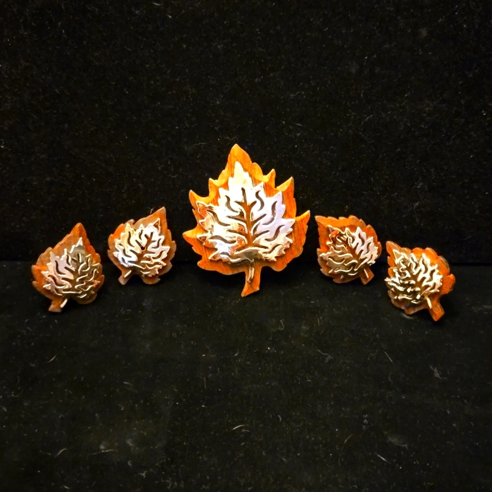 Vintage Wooden Maple Leaf Brooch, Earrings and Cuff Link Set